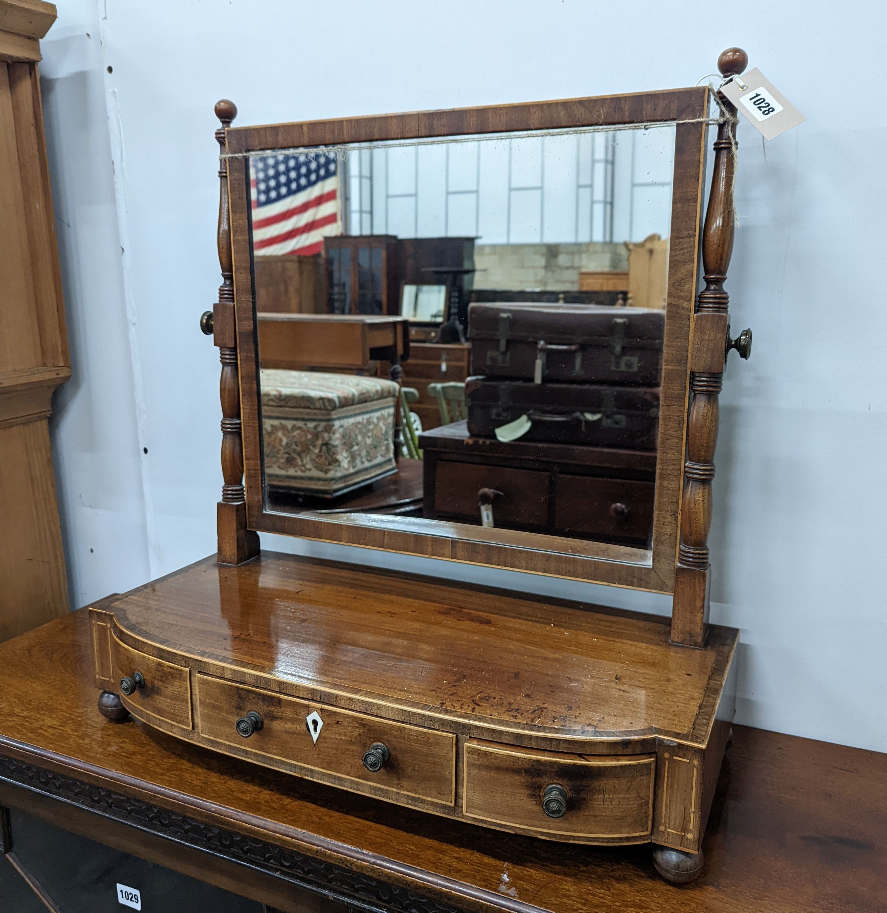 A Regency banded mahogany toilet mirror, width 62cm, depth 28cm, height 65cm